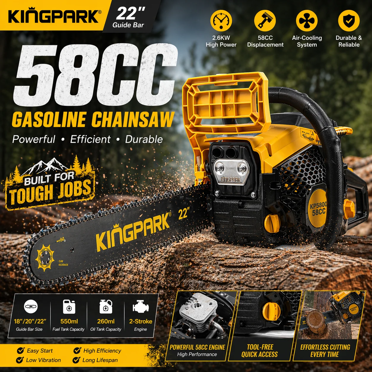 58cc  Chainsaw 22 Inch Guide Bar 2.6KW High Power Professional Petrol Chain Saw For Forestry Cutting Agricultural Use