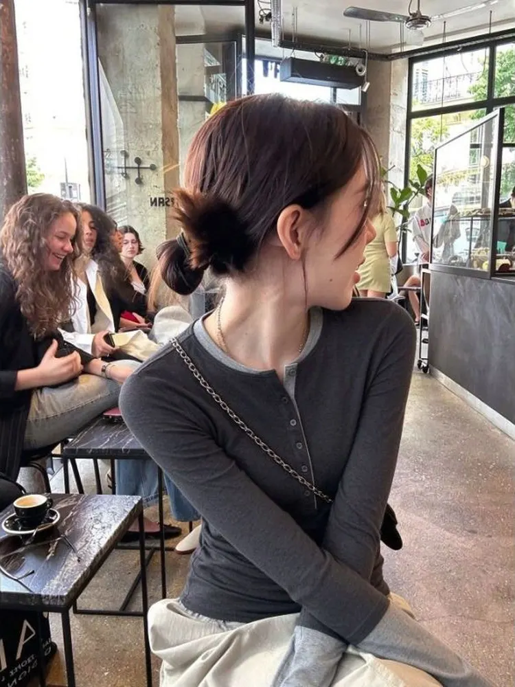 Retro American Short Sleeve T-Shirt Women's Slim Fit Long Sleeve Vintage False Two-Piece Color Block Shoulder Length Top