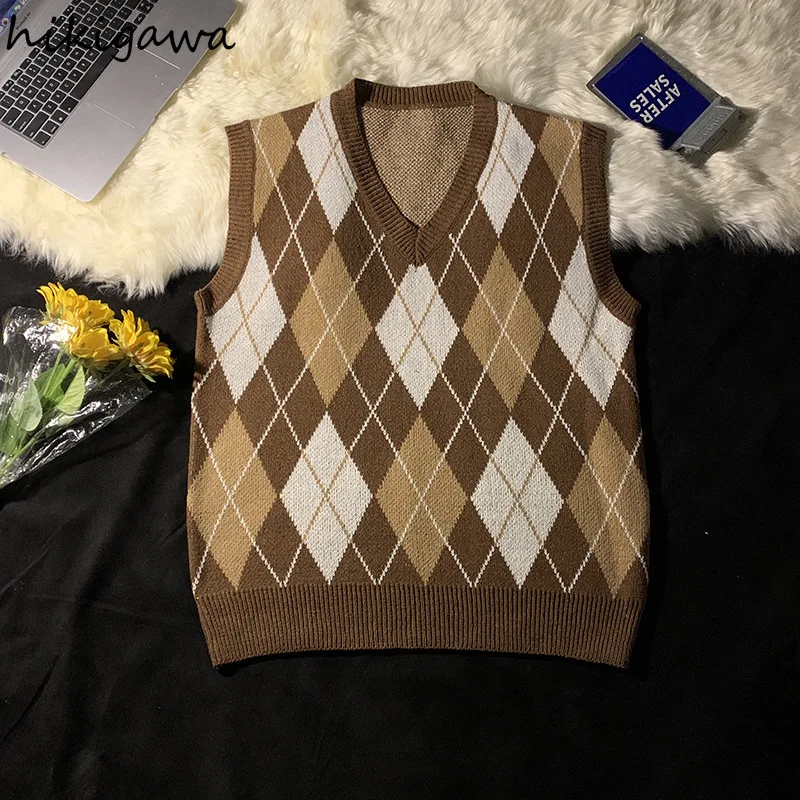 Preppy Style Vintage Sweater Vest Women Clothing Streetwear BF Tanks Fashion Plaid Waistcoat Casual Knitted Y2k Tops Ropa Mujer