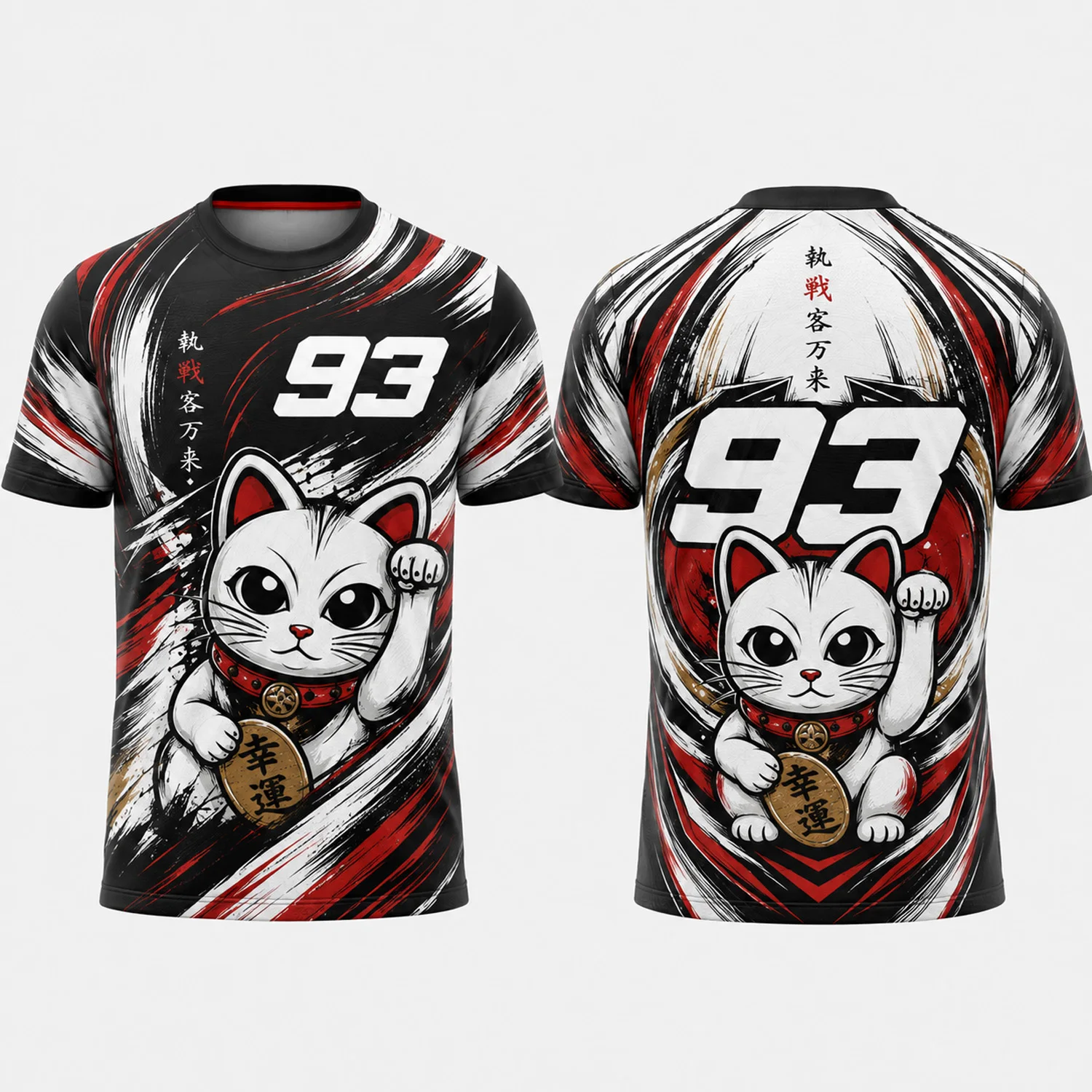 Lucky Cat 93 Motorcycle Racing Jersey Japanese Maneki Neko Graphic Moto Fan Shirt Black Red Unisex Sportswear Gift