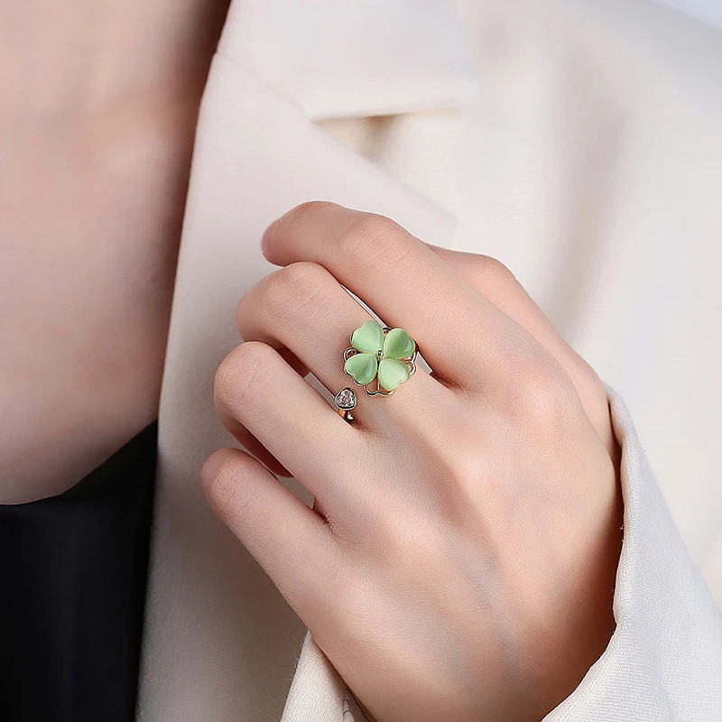 New Trendy Rotating Clover Relieve Stress Adjustable Ring For Women Fashion Finger Open Ring Daily Jewelry Girl Gift