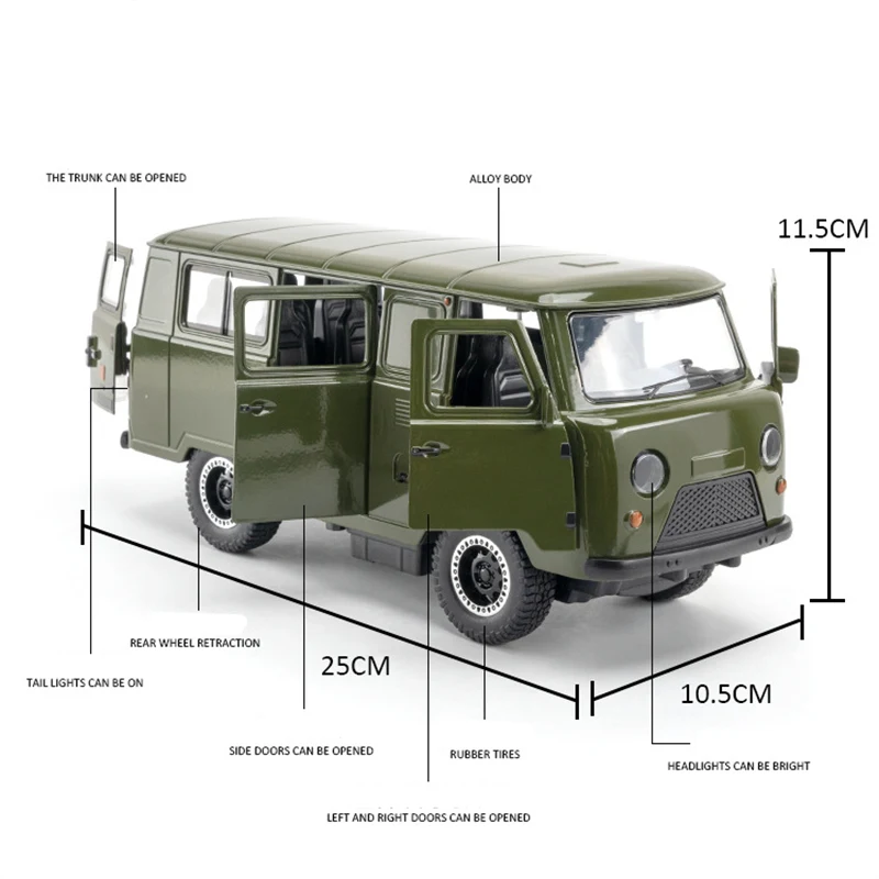 1/18 UAZ Travelers Alloy Bus Car Model Diecast Metal Touring Off-road Vehicle Car Model Simulation Sound and Light Kids Toy Gift