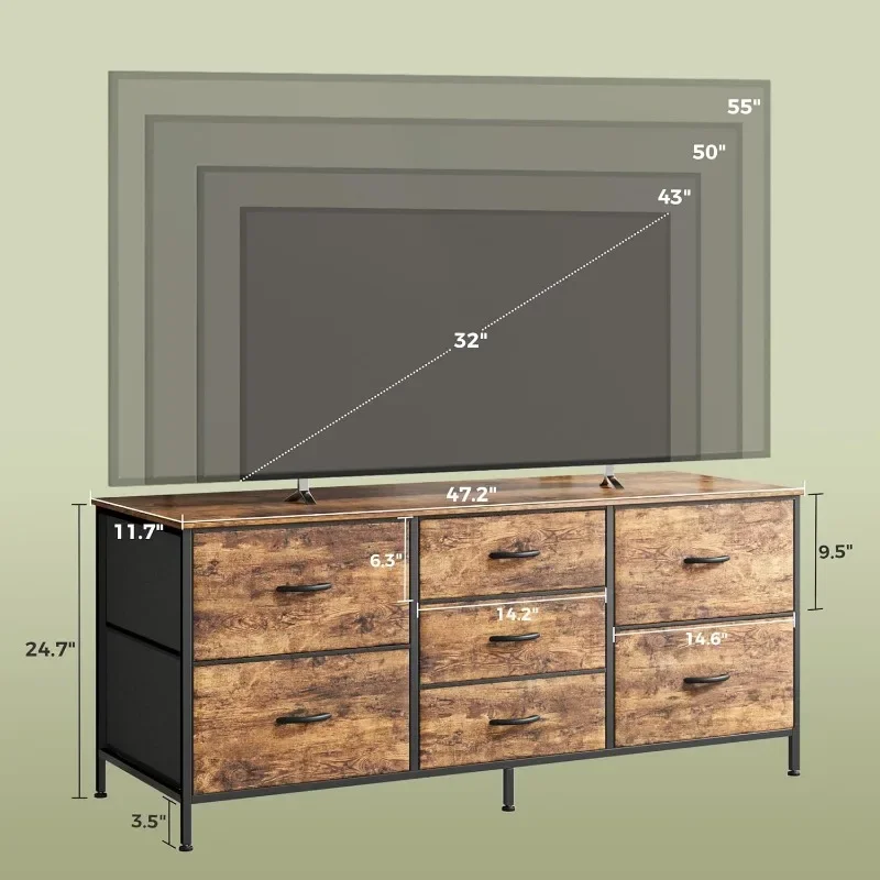 

Rustic Brown Dresser with 7 Fabric Drawers, 47 Inch Dresser TV Stand for 43, 50, 55 Inch TV, Metal Frame, for Bedroom,