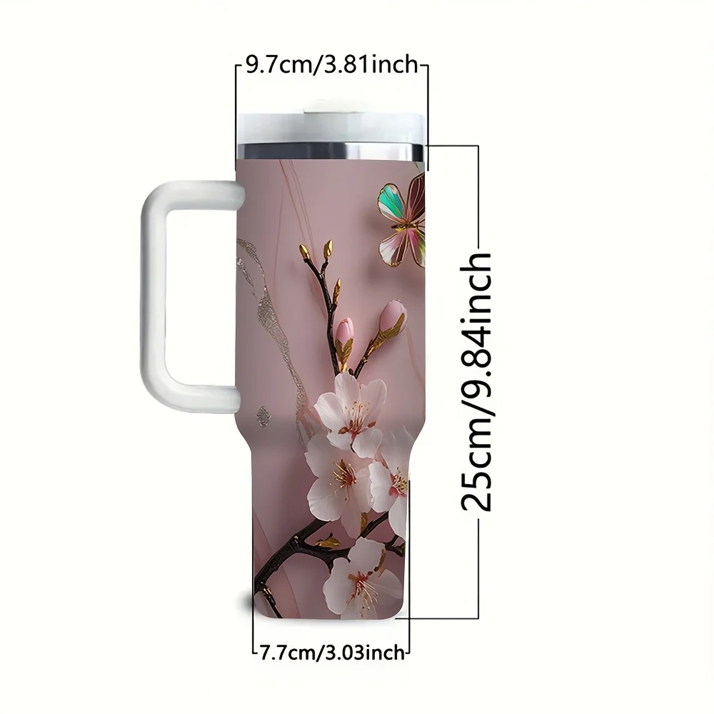 1pc 40oz Stainless Steel Tumbler with Handle Lid Straw Cherry Blossom Butterfly Branch for Daily Outdoor Travel Car Use