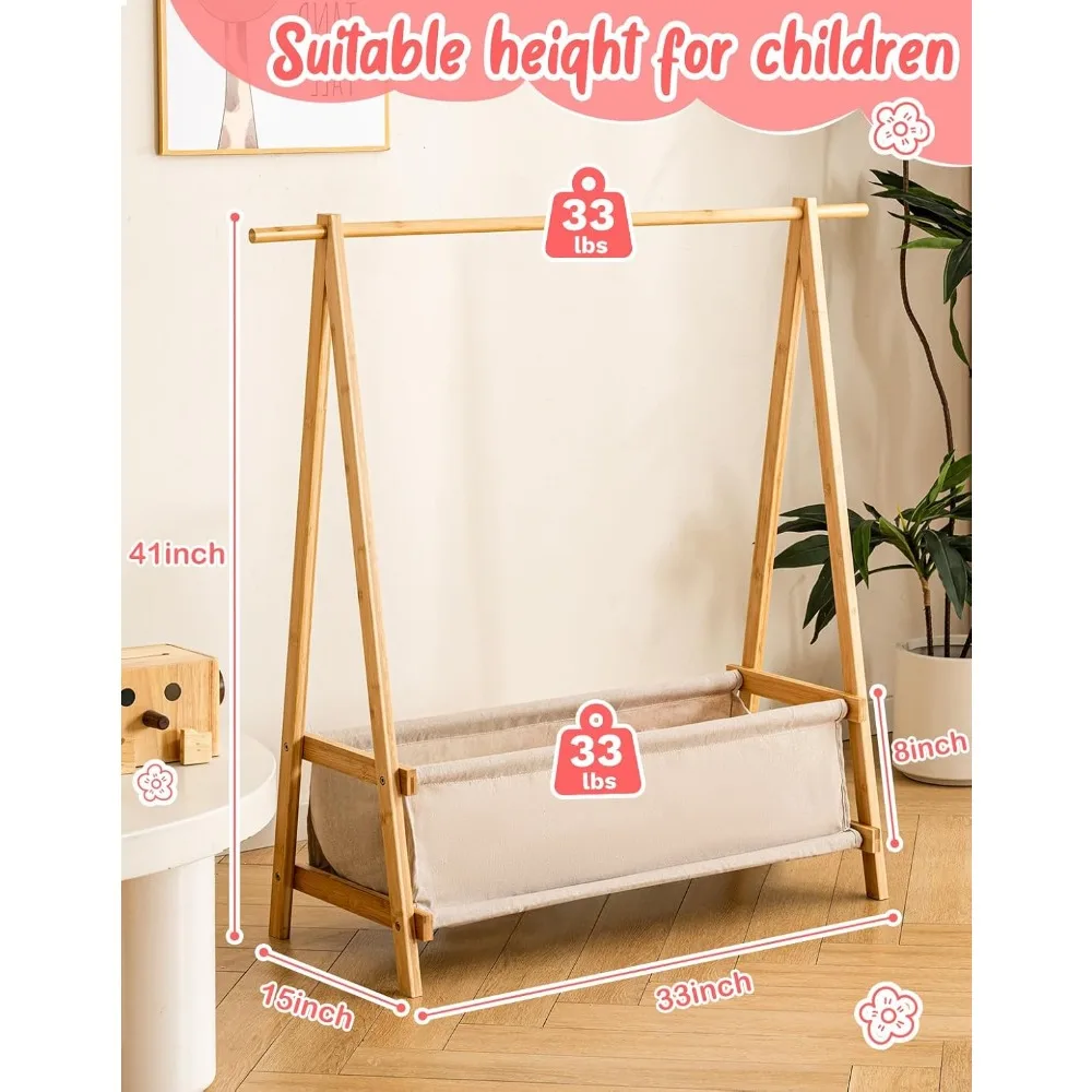 Kids Bamboo Clothing Rack with Storage Box, Multi-functional Hanging Organizer for Dance Costumes and Dress Up