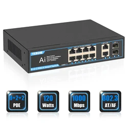 TEROW-Commutateur intelligent POE Full Gigabit AI, 8 liaison montante PoE 2, 2 déchets, stérilisation IEEESterilial 3PG/at, 52V, 120W, alimentation intégrée pour caméra IP