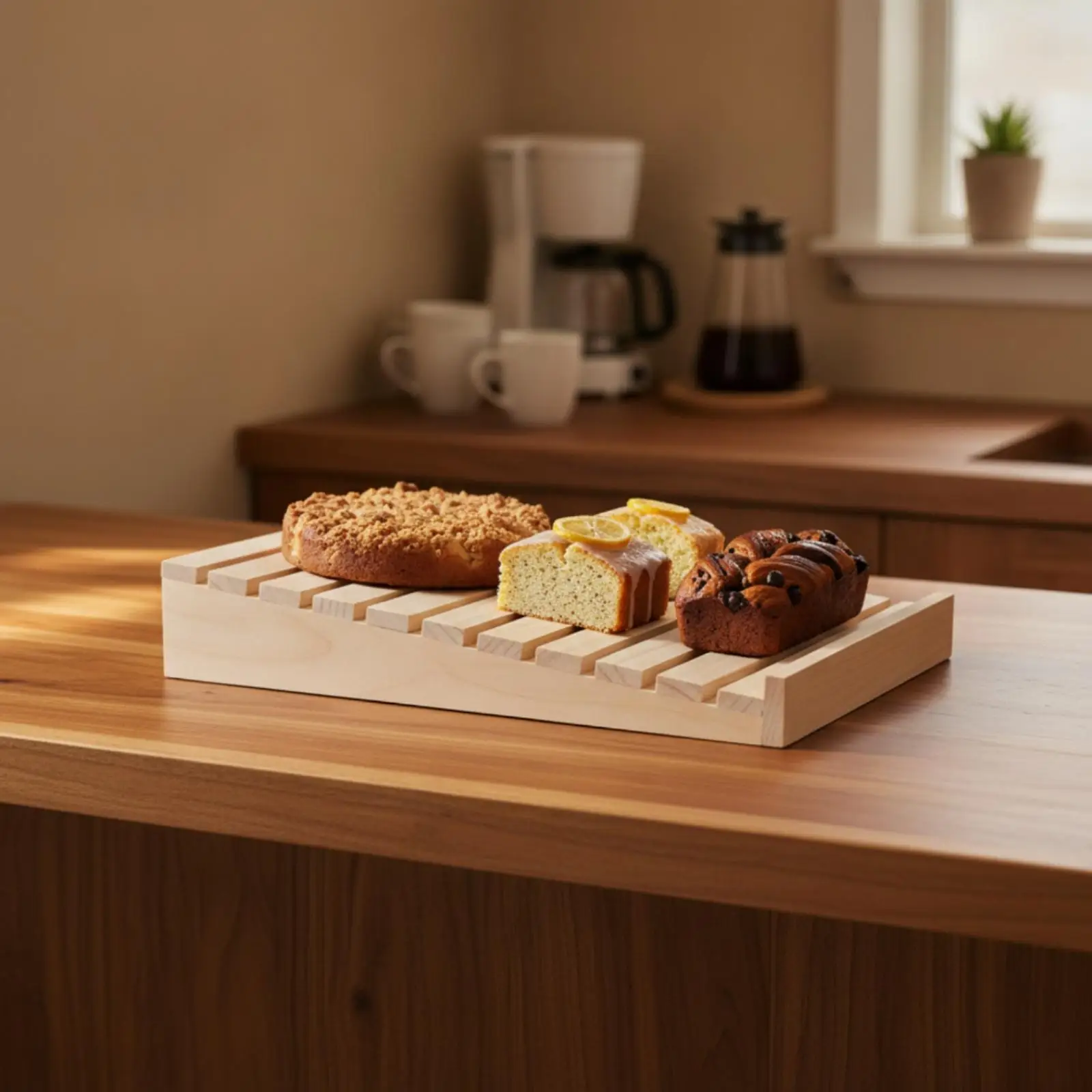 Solid Wood Bakery Display Rack Angled Pastry Stand for Countertop Bread Cake Showcase Organizer