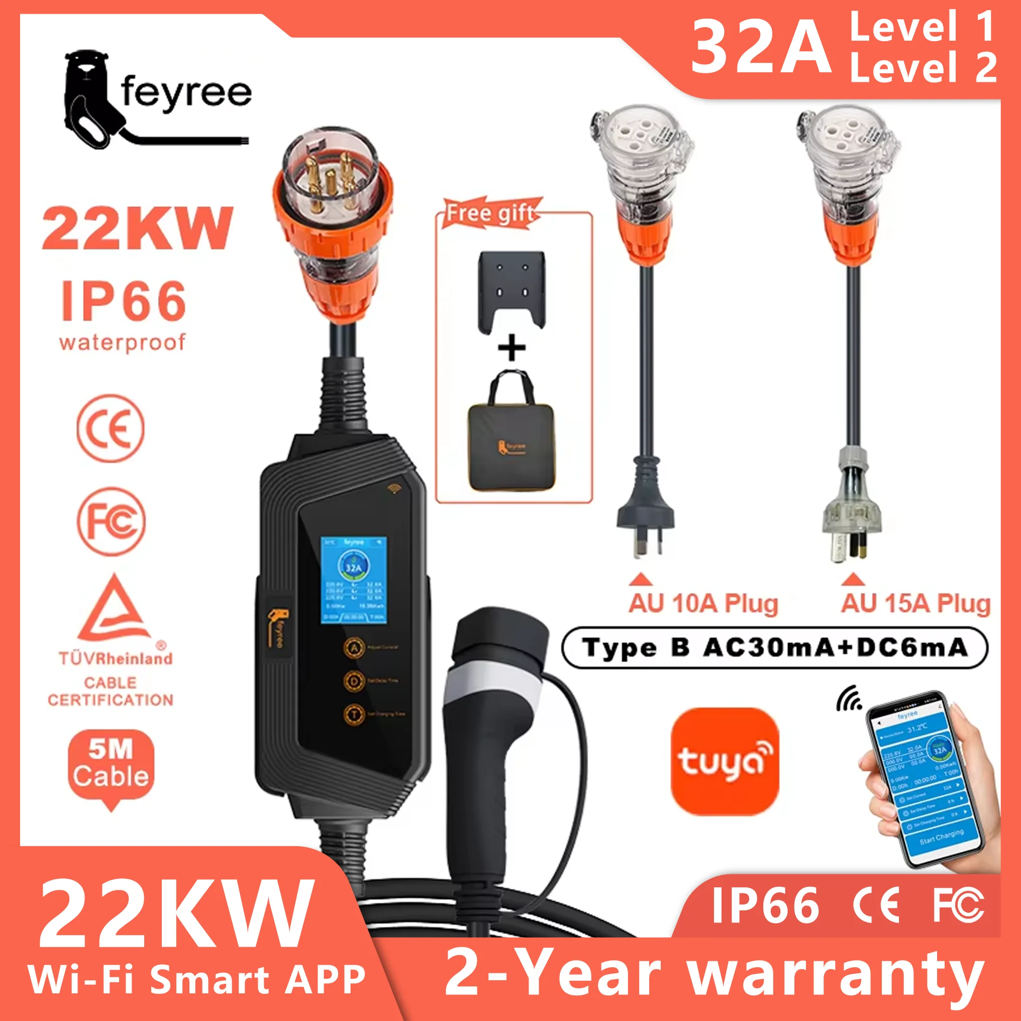 Feyree 22KW 32A 3 fases Type2 cargador EV portátil Wi-Fi APP Control EVSE caja de carga con enchufe AU de 5 pines para cargador de coche eléctrico