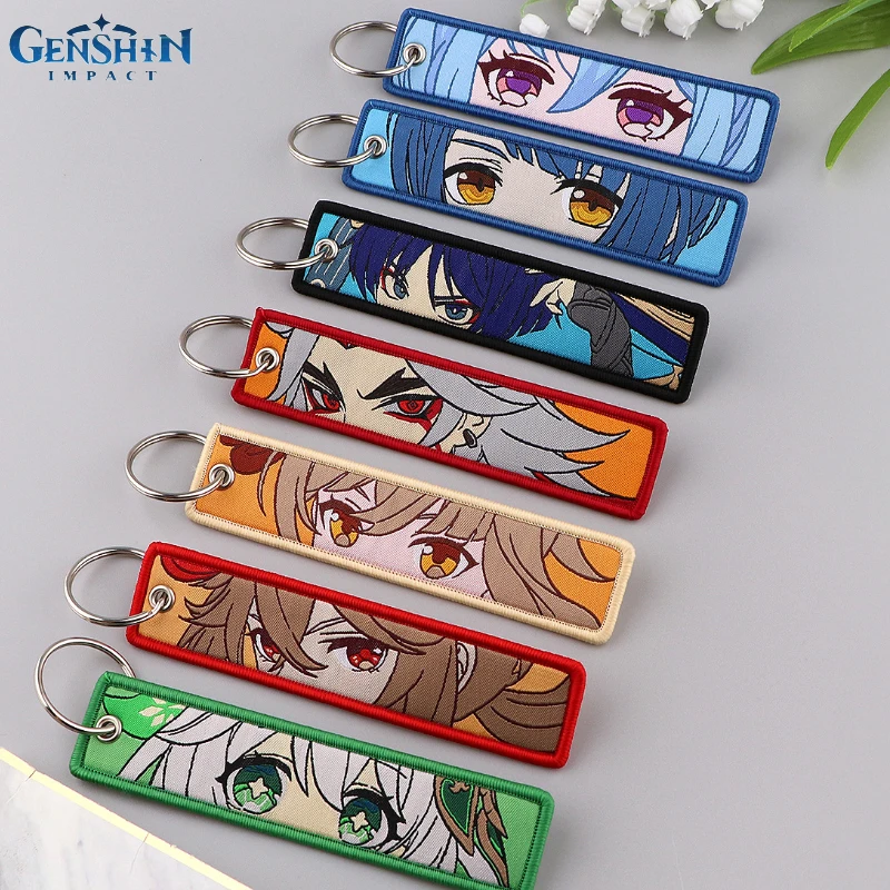 

Genshin Impact Cloth Woven Label Miko Beelzebul Venti Keqing Diluc Keychain Decoration Keyring Bag Accessories Game Toys Gifts