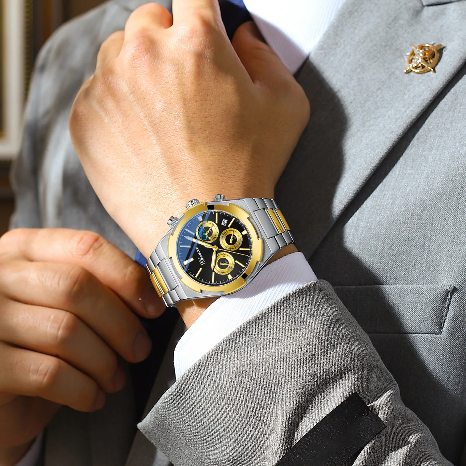 Luxury Men's Business Watches Stainless Steel Calendar Chronograph Fashion Sports Quartz Watch CHENXI Man Gold Wristwatch