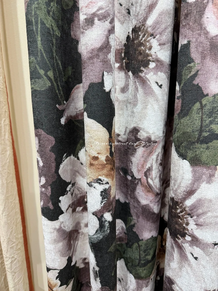 American Retro Black Background Beige Oil Painting Jacquard Mosaic Curtains for Living Room Bedroom French Window Customized