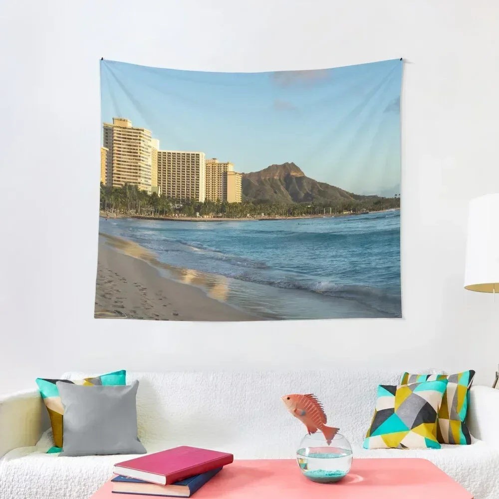

Golden Bliss on the Beach - Waikiki and Diamond Head Volcano Tapestry Room Decor Kawaii Room Decor Wall Decorations Tapestry
