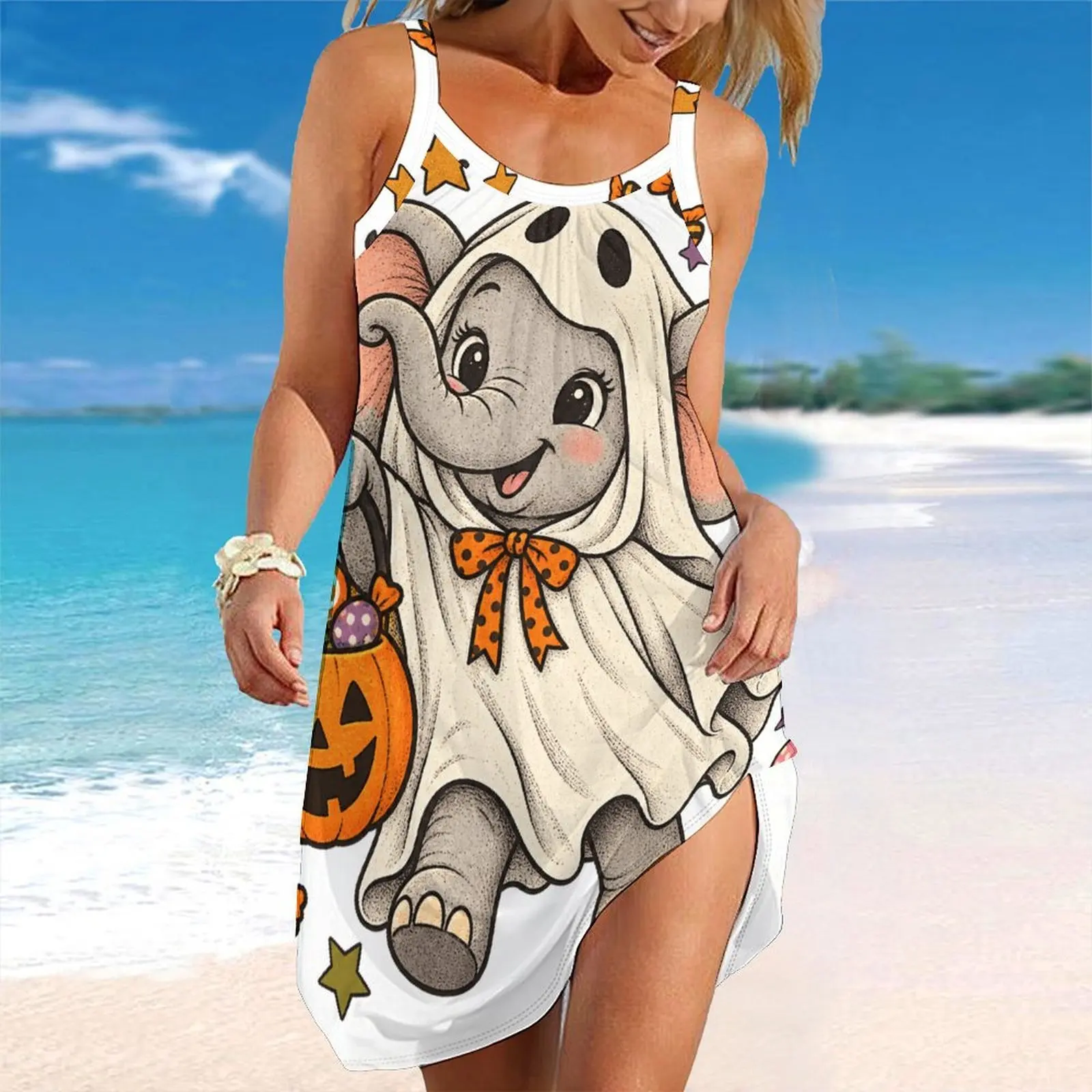 Women Spaghetti Strap Beach Dress V Neck Pleated Loose Mini Dress Custom Print Ladies Vacation Cover Up Dress