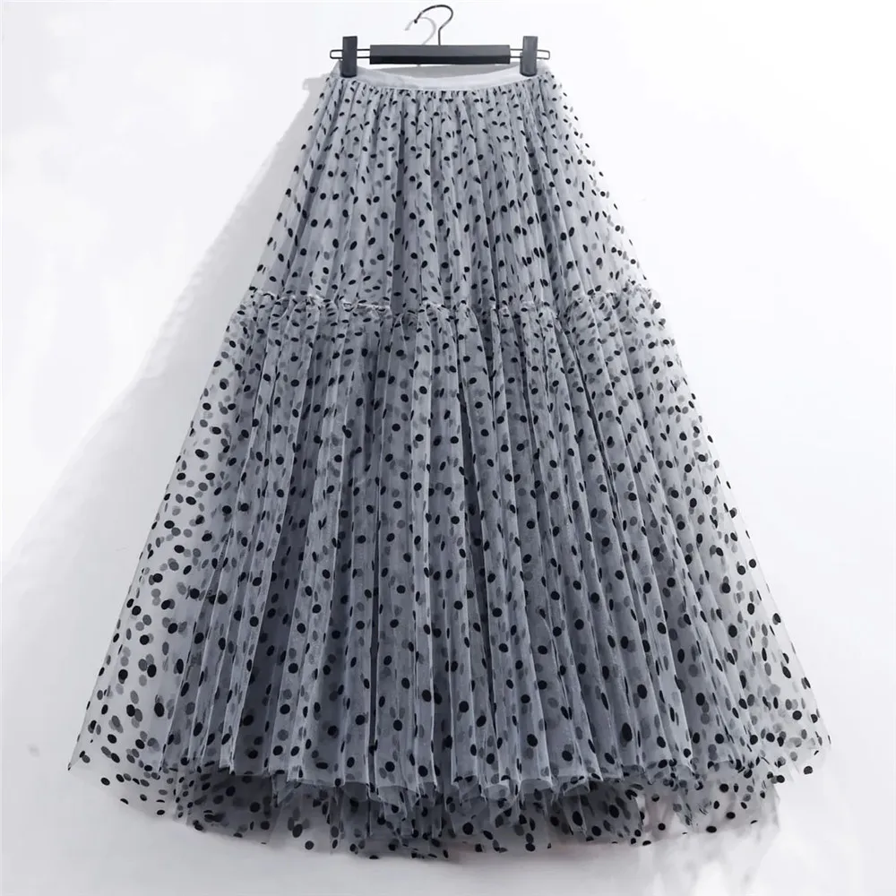 Elegant Polka Dot Tulle Skirts Women Casual Mesh Elastic High Waist A-Line Skirt Female Party Beach Princess Midi Pleated Skirt