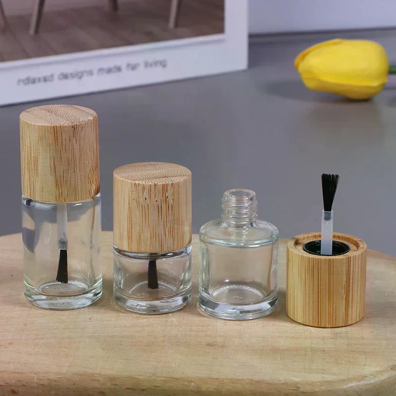 5ml 10ml 15ml Cylindrical Glass Nail Oil Bottle Hair Brush Nail Glue Bottle Solid Wood And Bamboo Cover Nail Oil Container