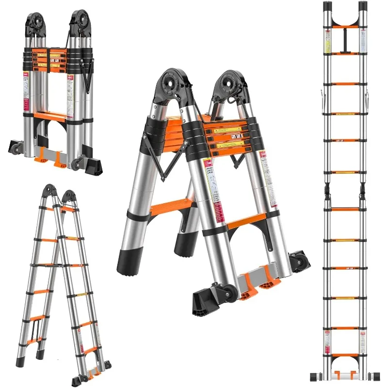 Scala telescopica con telaio da 12,5 piedi A, scale telescopiche in alluminio leggero con stabilizzatori triangolari, barra stabilizzatrice e ruote