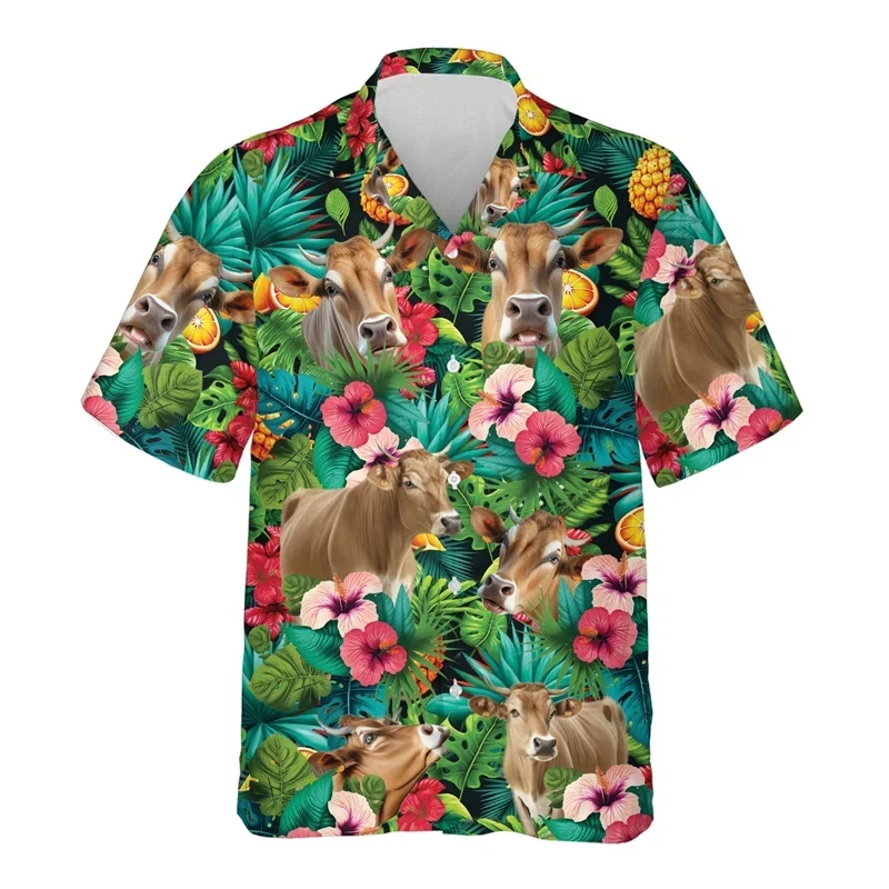 

Brownswiss Cow 3D Print Men's Shirts Clothes Hawaiian Animal Cattle Graphic Beach Shirt Funny Swiss Cow Head Blouses Boy Tops