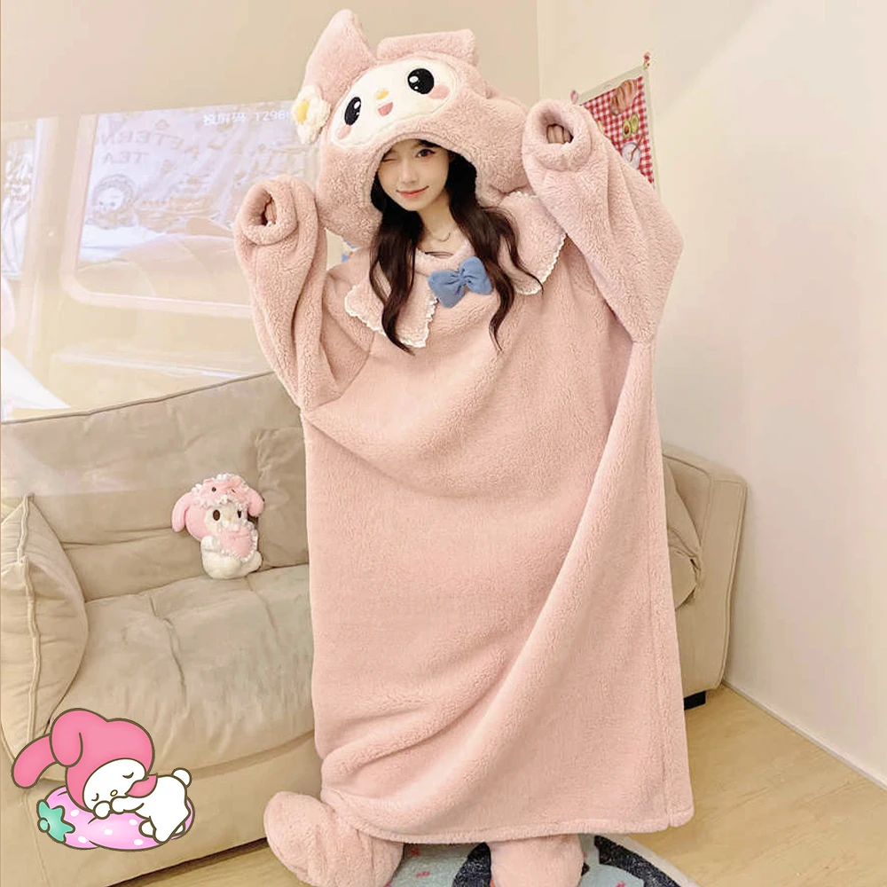 

Kawaii My Melody Girls Plush Night-Robe Anime Hangyodon Hooded Thicken Women Nightgown Winter Warm Coral Fleece Homewear Sweet