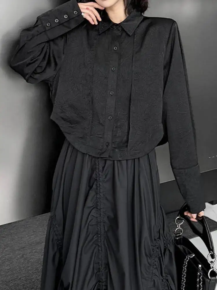 Mulheres preto texturizado tamanho grande elegante blusa curta nova lapela camisa de manga longa moda maré primavera outono