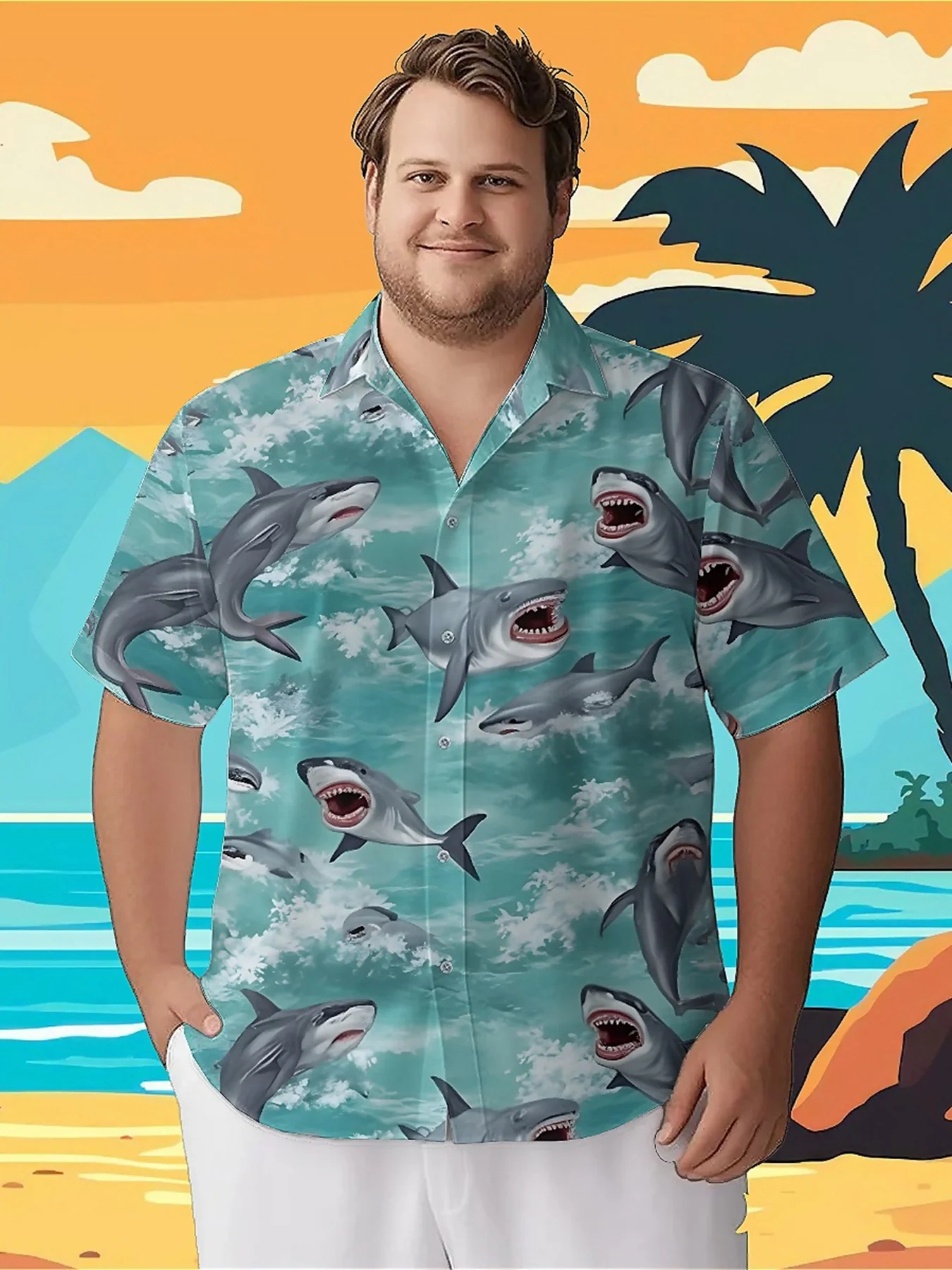 

Men's Plus Size Hawaiian ShirtsShark and Sea Waterpattern, Summer Casual Tops, Suitable for Outdoor and Party, Streetwear