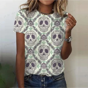 Women's shirt printed in 3D skull, Mexican style, top, short sleeve, breathable, chic, street, casual, 2024 6 Main Sales Mexican Skull - №2