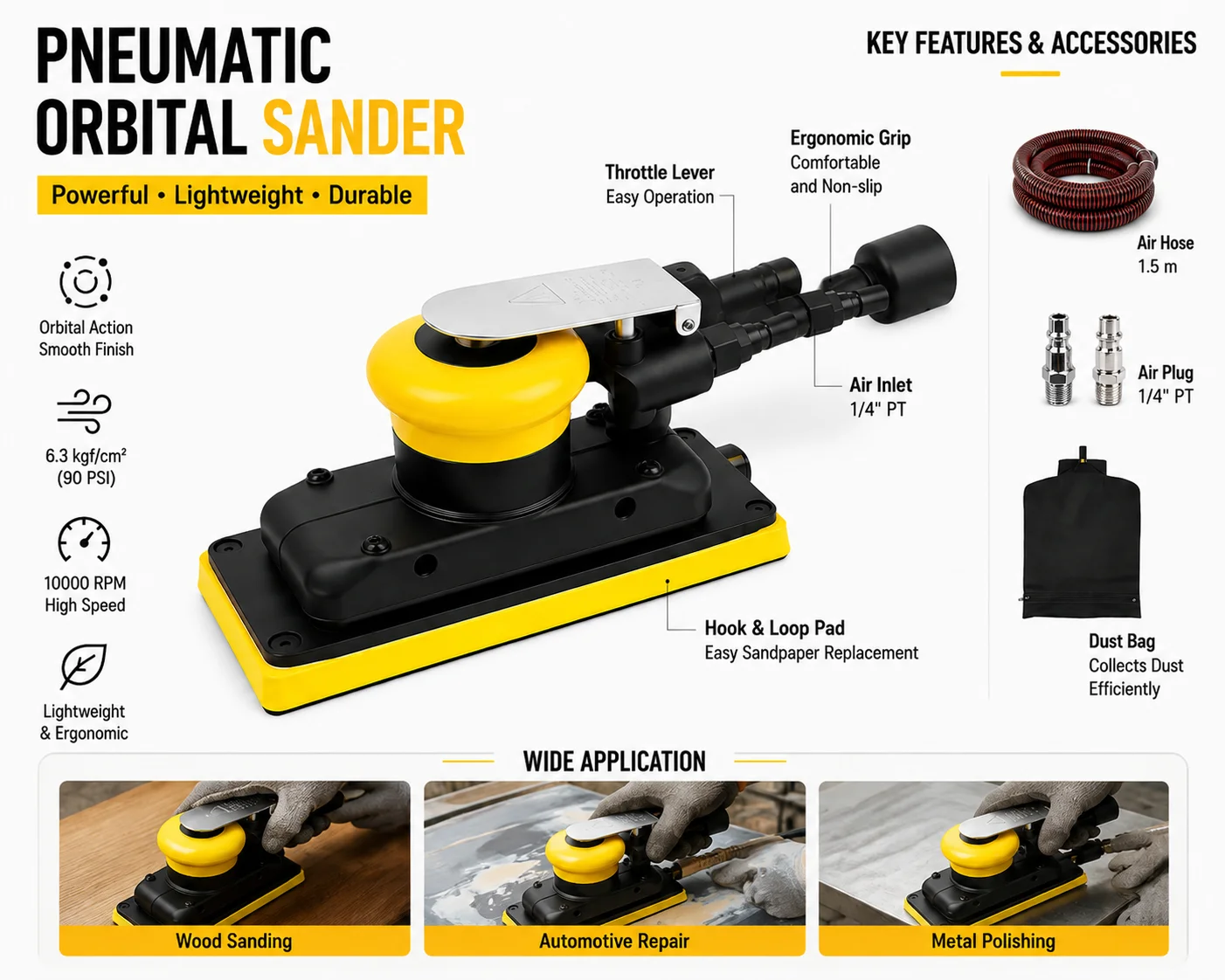 70x198mm Pneumatic Sander Rectangular Air Orbital Sander with Dust Extraction for Wood Auto Body Metal Sanding