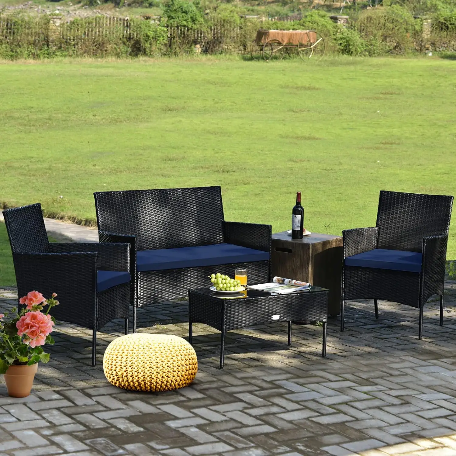 4 Piece Outdoor Wicker Conversation Set with Tempered Glass Coffee Table, Rattan Loveseat & Chairs Set with Seat Cushions