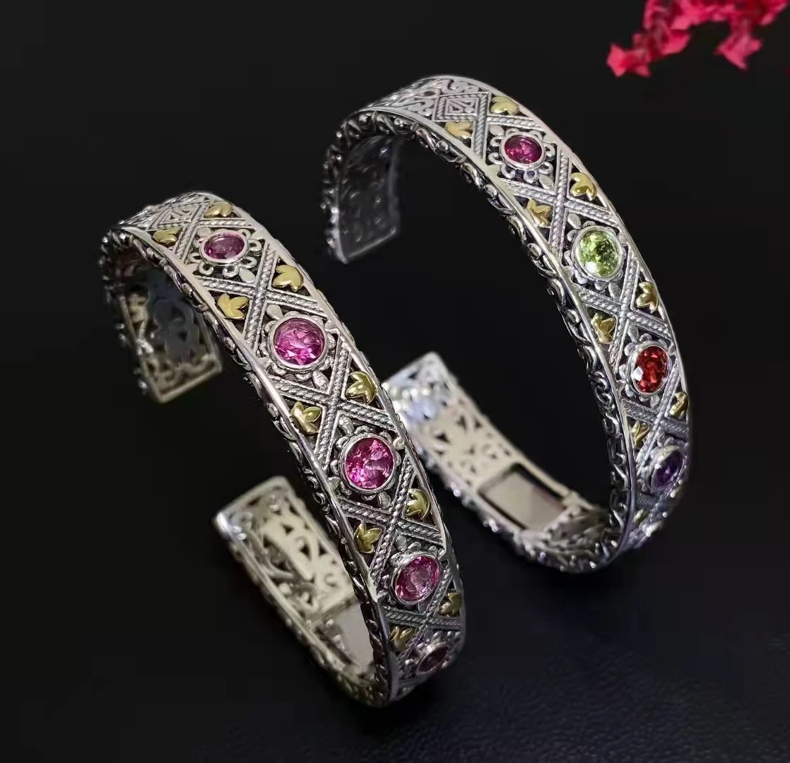 

925 Sterling Silver Gilt Heavy Industry Natural Gemstone Light Luxury High-end Unique Design Delicate Closure Buckle Bracelet