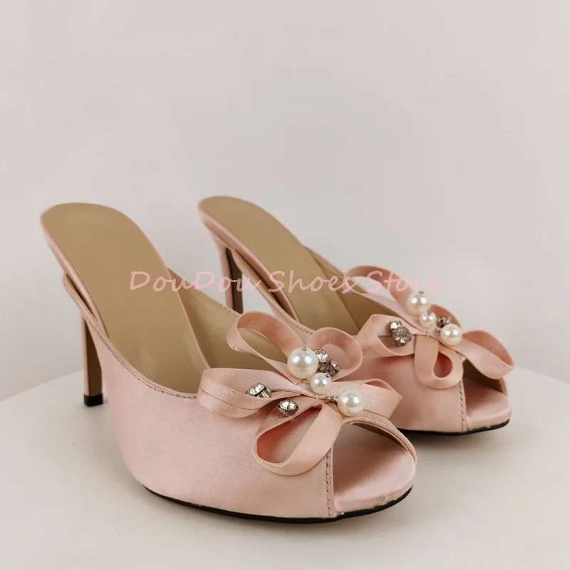 Pink Satin Bow Pearl Rhinestone Decor Mule Slippers Women Peep Toe Slip On Thin Heel Sandals Sexy Wedding Prom Party Dress Shoes view 3