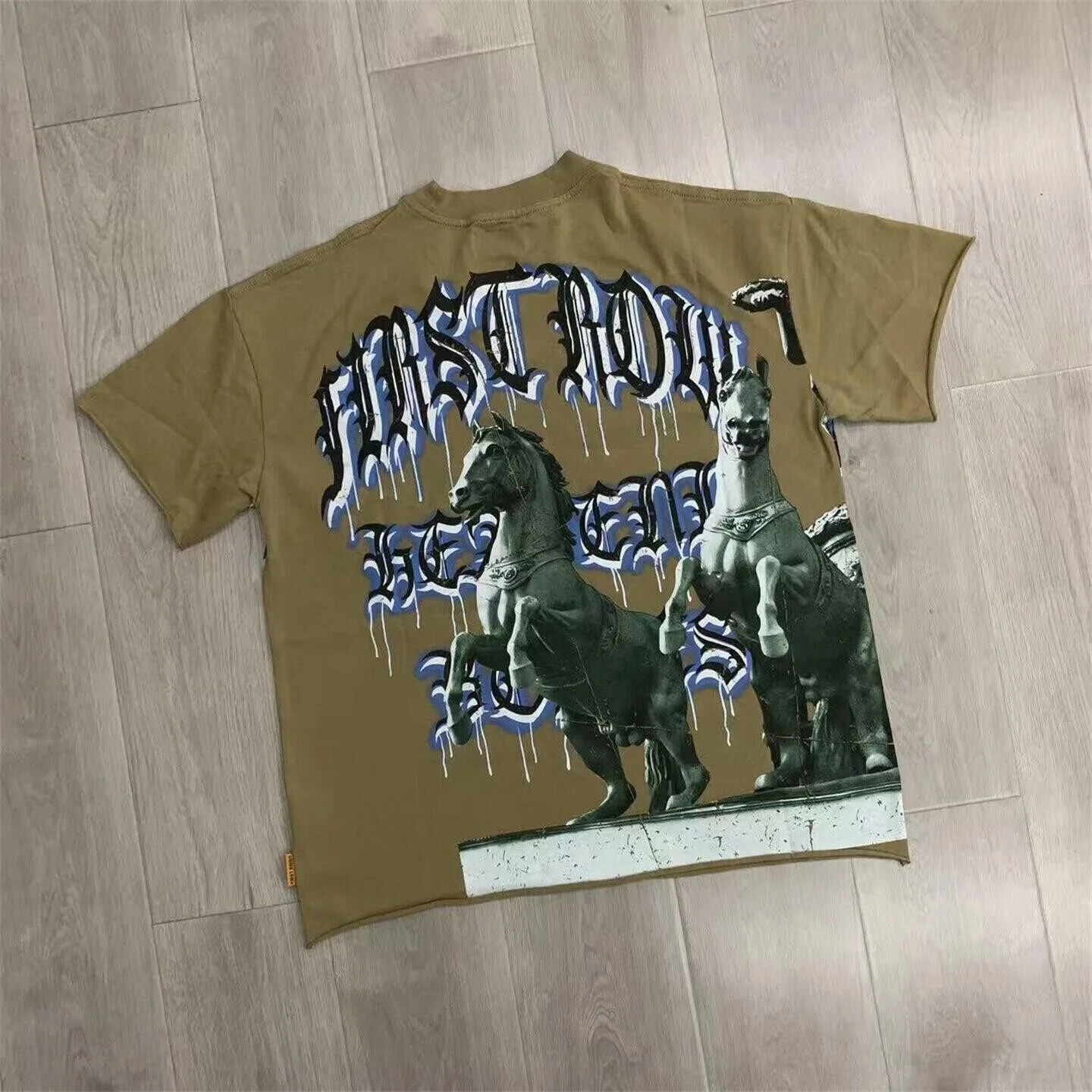 First Row Retro Street Retro Weathered Letterprint Rolled Edge Loose-Fitting Casual Short-Sleeved T-Shirt Summer