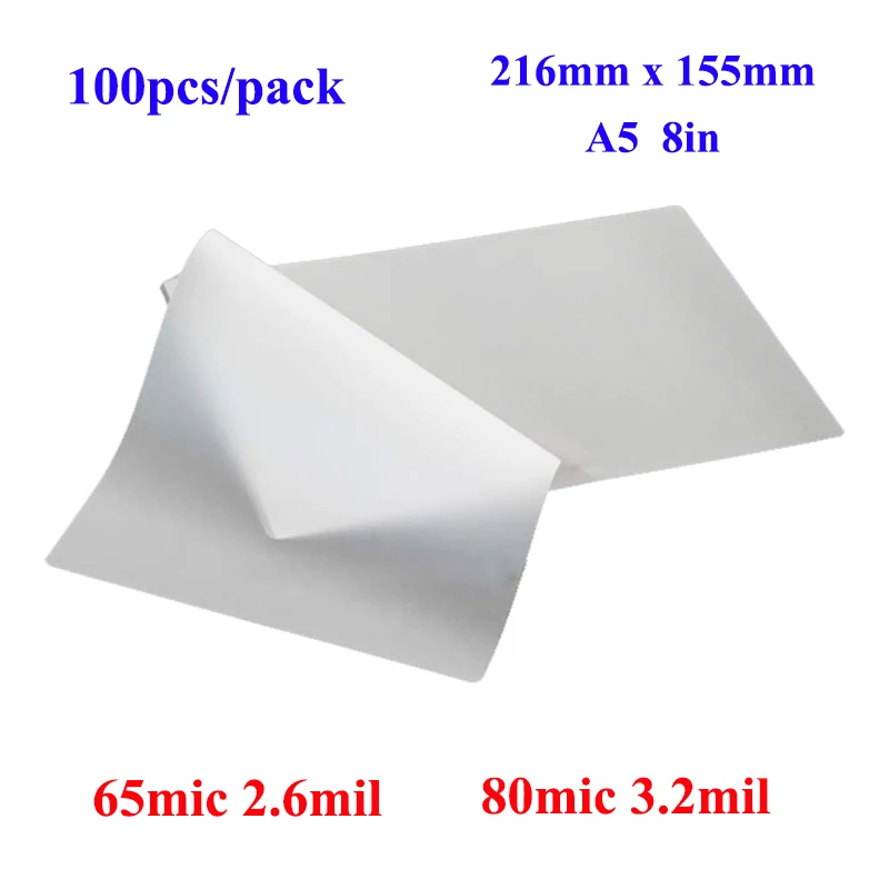 100pcs/pack 216mm x 155mm A5 8in Width Paper and Photo Size Gloss Thermal Laminating Pouch Film 65 / 80mic 2.6 / 3.2mil for Bulk