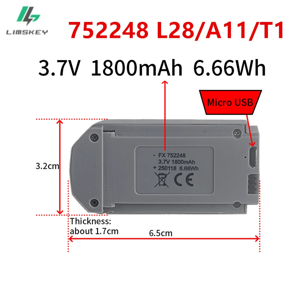 752248 3.7V 1800mAh Lipo Battery for L28/A11/T1 Remote Control Aircraft Battery Accessories