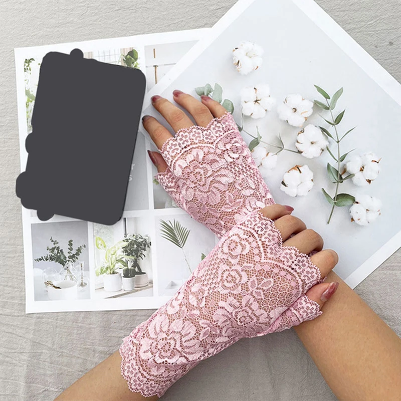 Guantes largos de encaje sin dedos para mujer, manoplas de rejilla de medio dedo, a la moda