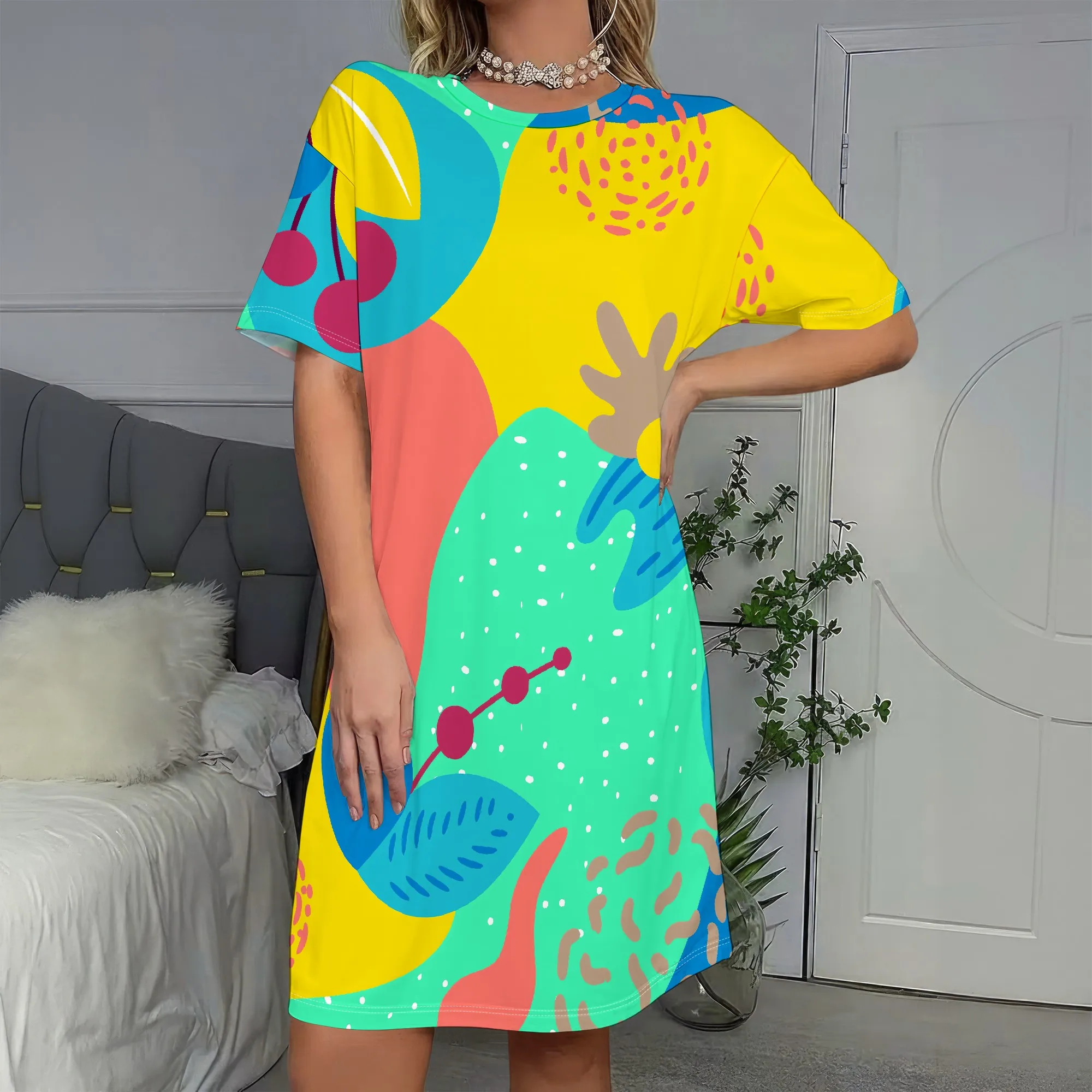 

Abstract Art Print, Short Sleeve Dress, Vibrant Colors, Loose Fit, Summer Casual Wear, S-2XL