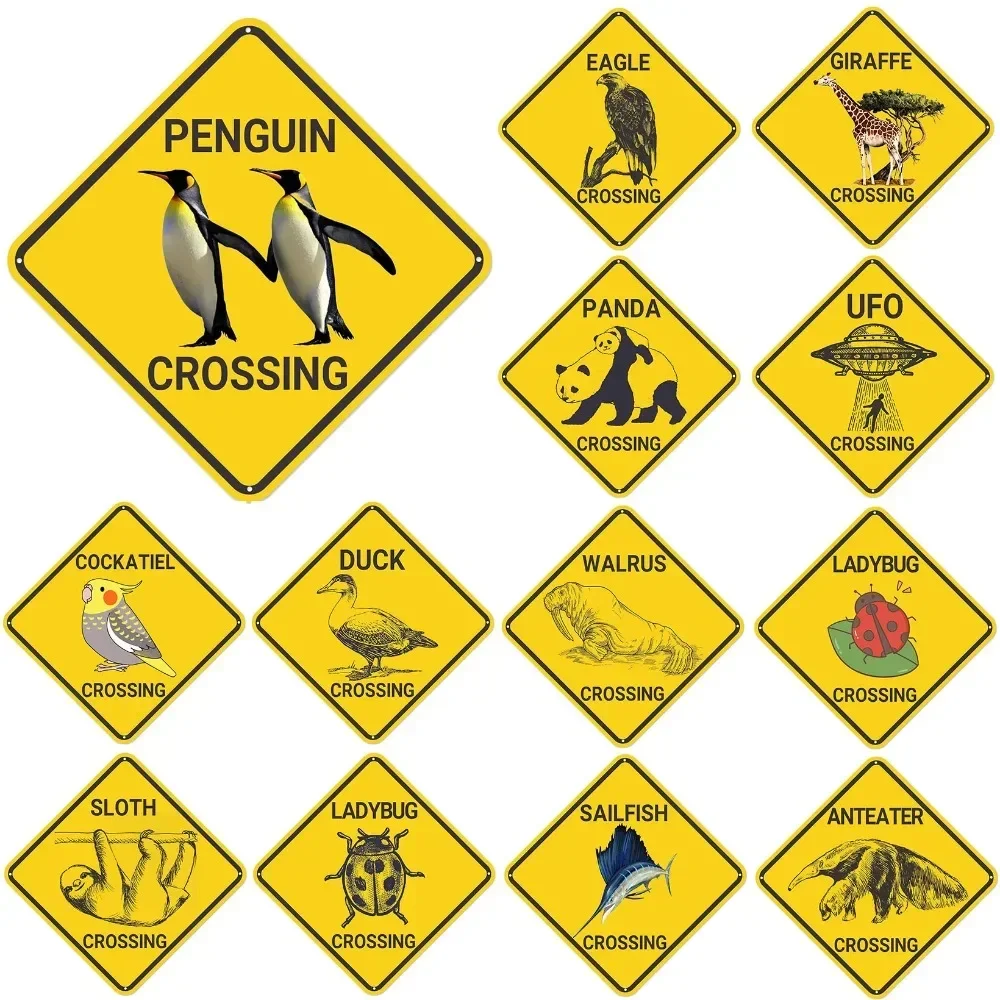 

Retro Metal Tin Signs Penguin Eagle Crossing Yellow Street Signs Amusement Park Scenic Retro Road ，30x30cm