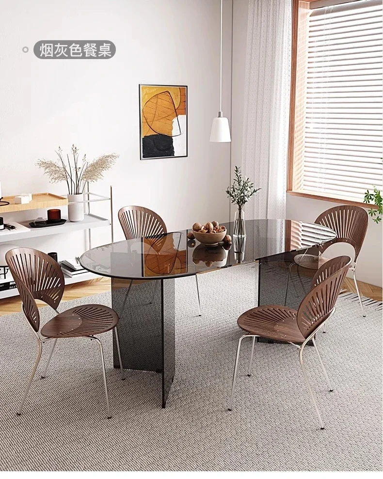 Wabi Sansi wind tempered glass dining table and chair combination household minimalist acrylic oval island table