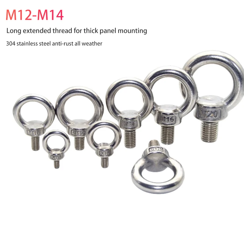Extra Long Thread Lifting Eye Bolt Set with Seal O-Ring, Rustproof 304 Stainless Steel O Ring Eye Screws M12 M14 For Hanging