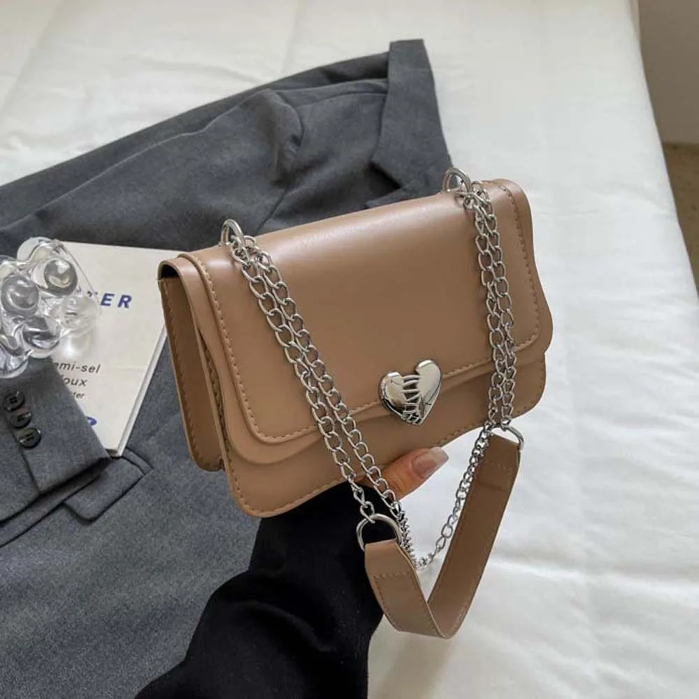 Heart Alloy Decoration PU Crossbody Bag Magnetic Buckle Foldable Women's Shoulder Bag Solid Color Large Capacity Flip Bag Party