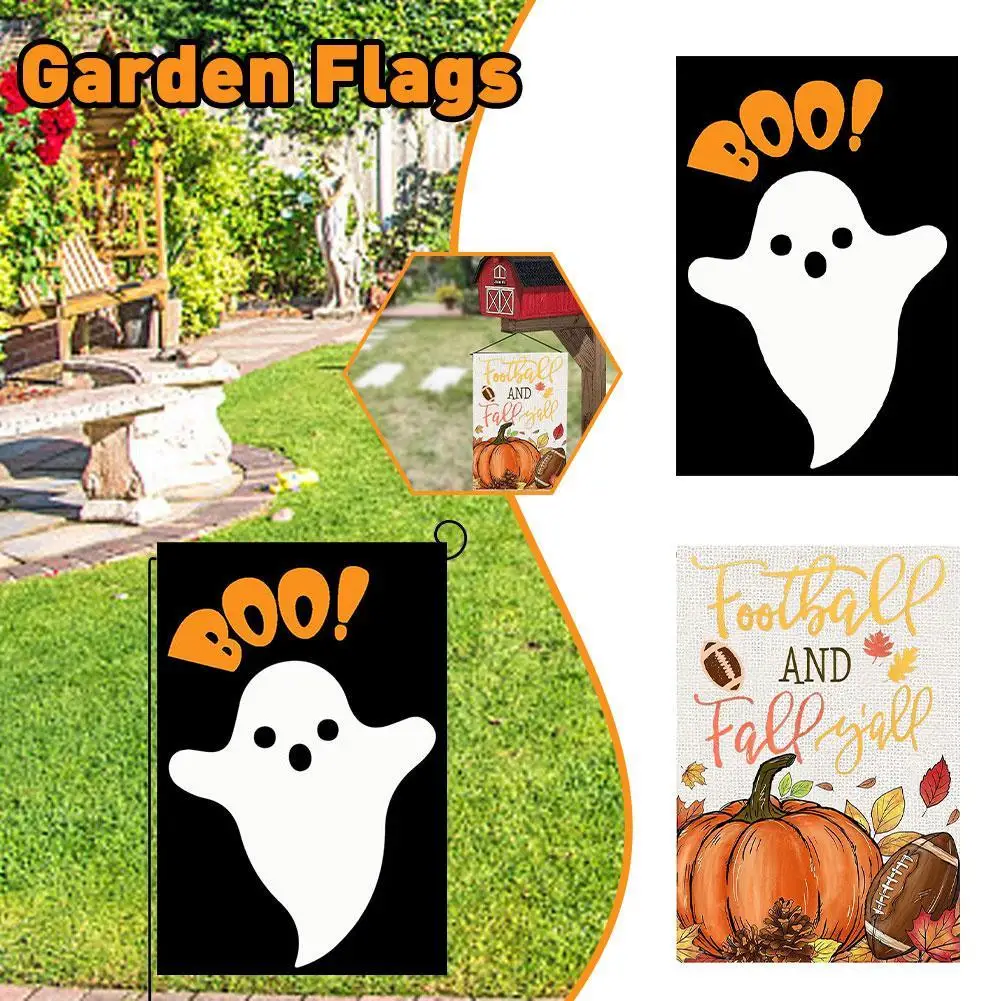 Halloween Garden Flag Double Sided Garden Lawn Pumpkin Spooky Flag Decoration Holiday Atmosphere Party Gathering Home Decoration