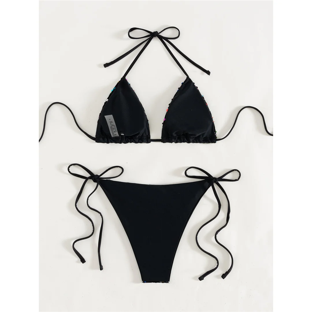 Pailletten-Bikini mit Neckholder, Damen-Badebekleidung, zweiteiliges Bikini-Set, mit Trägern, hoch geschnitten, Badeanzug, Badebekleidung, Modell V8326. – Detail 16