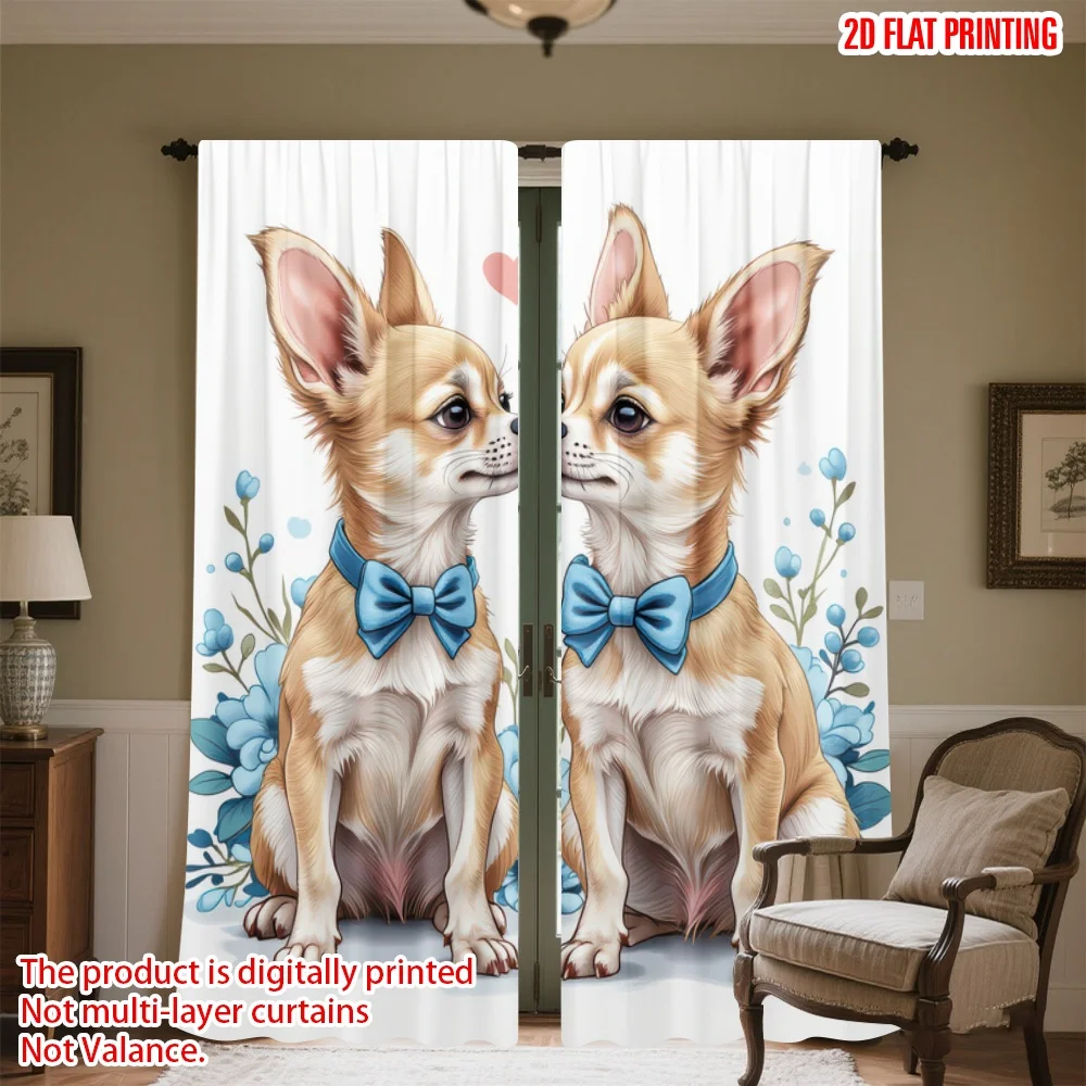 

2D flat printing 2pcs Curtain Valentine's Chihuahua Love Digital Printed Polyester Drapes Family Party Perfect for Holiday Home