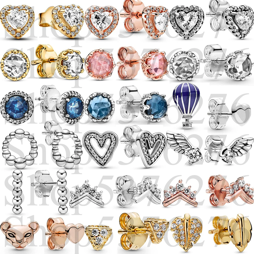 

925 Sterling Silver Lion Tiara Wishbone Angel Wing Crown Elevated Heart Beaded Fashion Stud Earrings For Women Gift DIY Jewelry