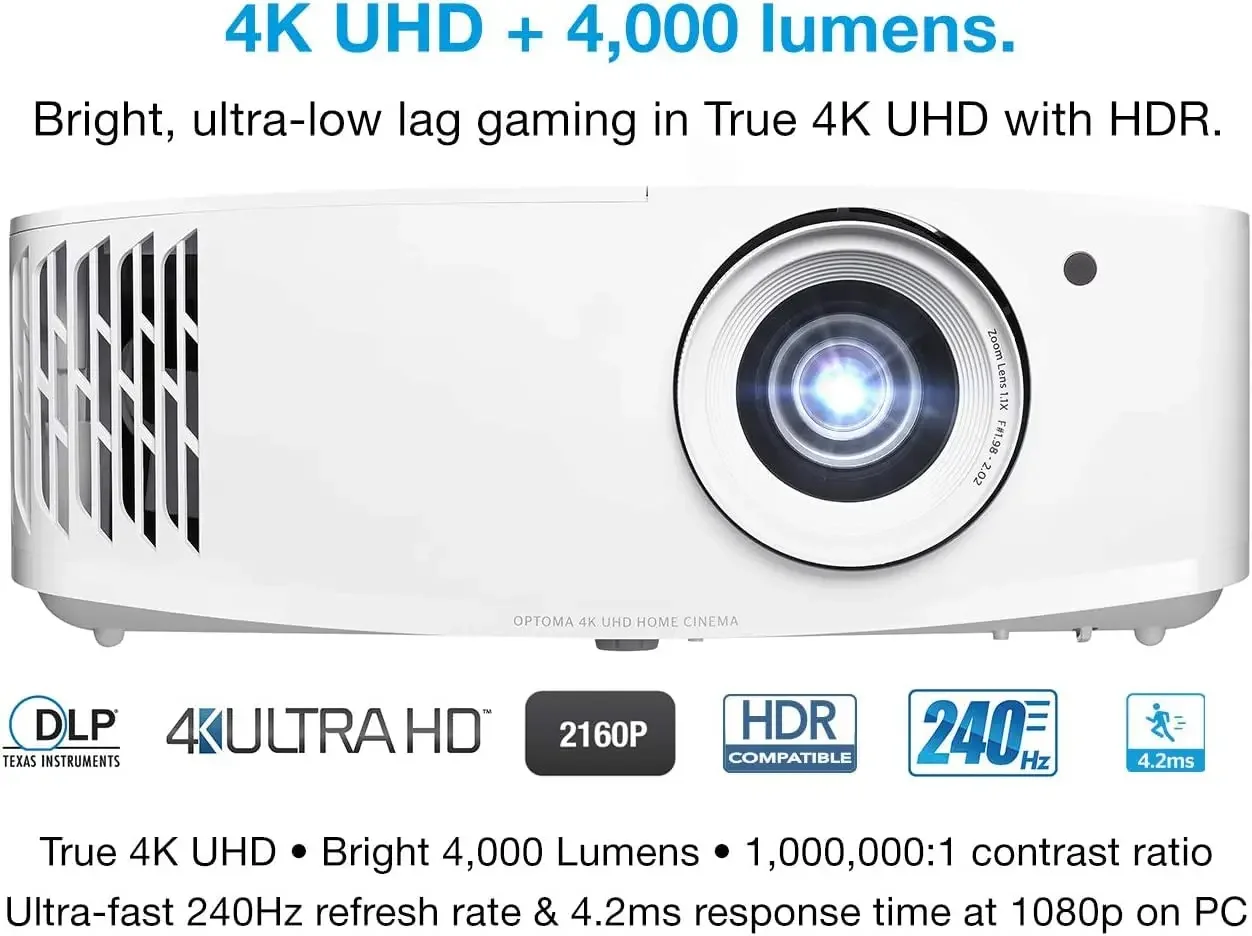 R Optomas UHD38x Projector 4K Ultra HD 4000 Lumens 4.2ms Response Time 1080p 240Hz Refresh Rate HDR10 and HLG 4K(3840*2160)