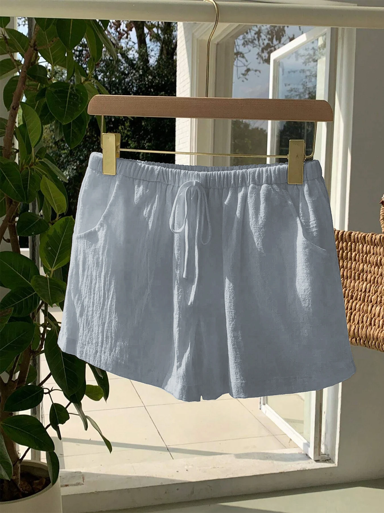 Damen Neue Frühling-Sommer Leinen Einfarbige Lässige Sport-Shorts mit Elastischem Bund und Kordelzug – Detail 10
