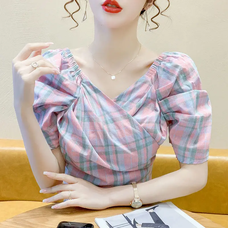 Elegant Fashion Harajuku Slim Fit Female Clothes Loose Casual All Match Tops Women One Line Collar Lattice Short Sleeve Blusa