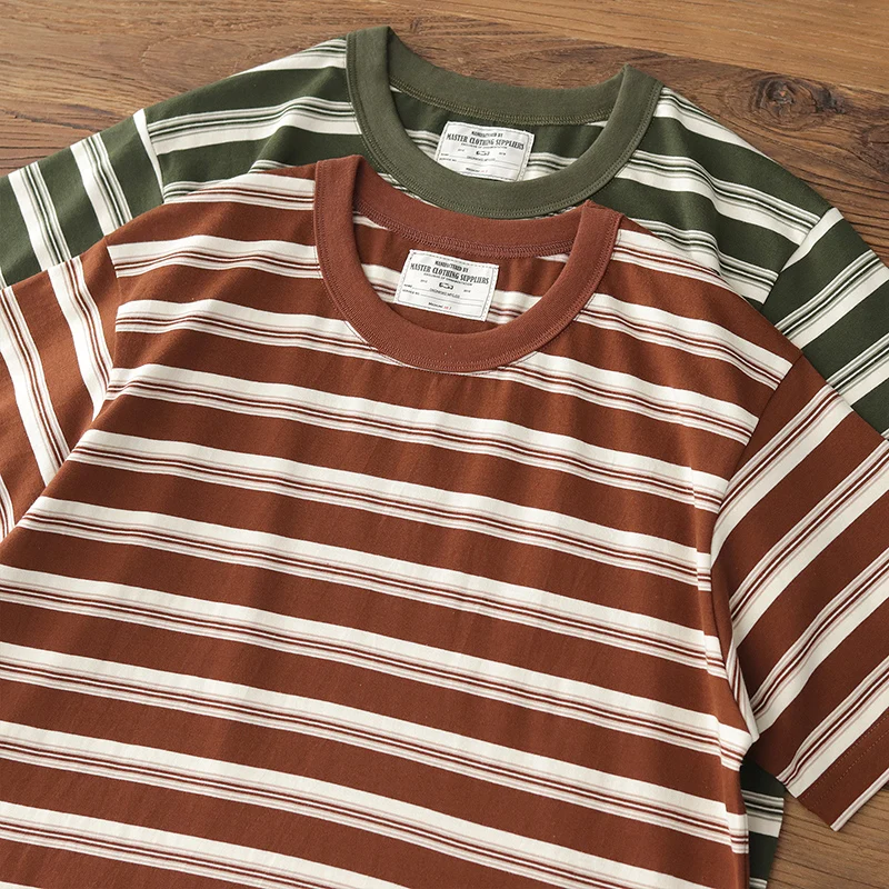 Striped T-shirt short-sleeved men's summer American retro three-pin heavy cotton casual base T-shirt