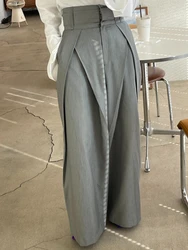 Pantalones plisados de retazos para mujer, pantalón holgado de cintura alta con bolsillos, de pierna ancha, informal, coreano, 2023