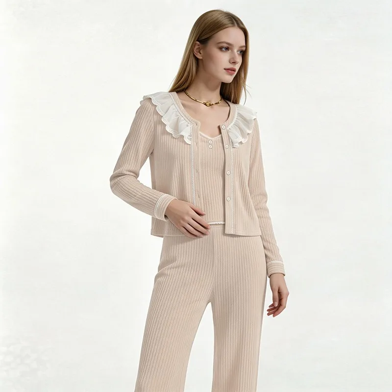 European and American Autumn-Winter Women's Long Sleeve Pajama Set Cashmere Cardigan Suspender Chest Pad Stylish Loungewear