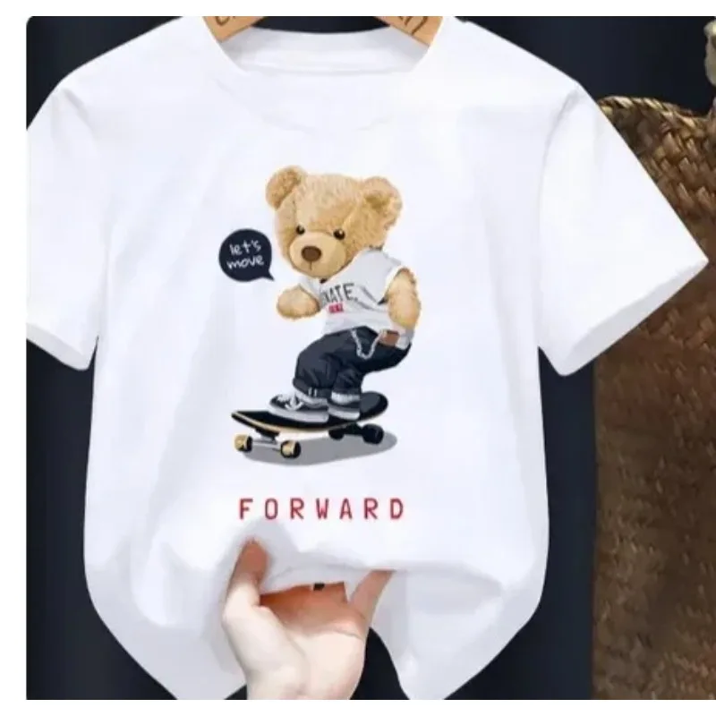 Fun Skateboard Bear Children's Printed Boys and Girls White T-shirt Boys Summer Harajuku Clothing Children's Cotton T-shirt Top