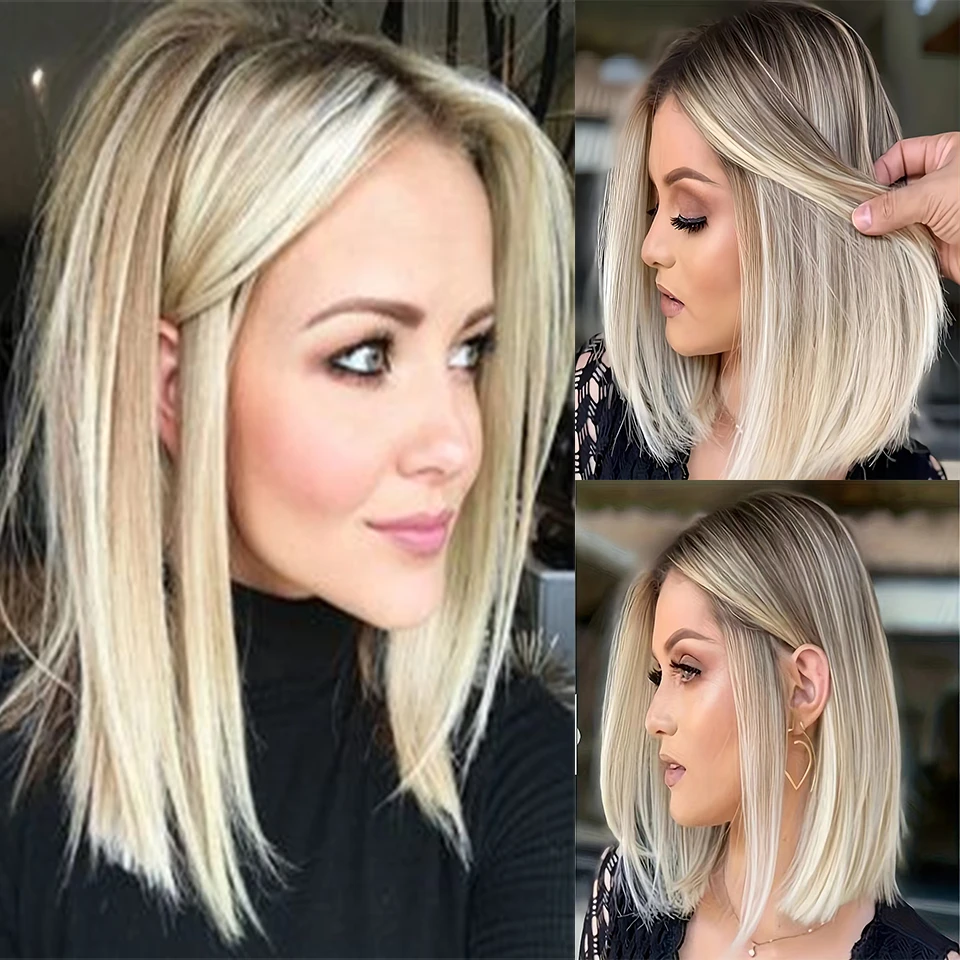 Perruque Synthétique Courte et Lisse de Style Bob, Frange Centrale, Dégradé Blond, Convient pour le 03 ou le Jeu de Plis